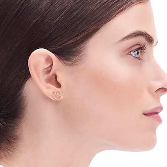 J.CREW Heart Earrings Enamel Bright Coral Crystals - Picture 3 of 6